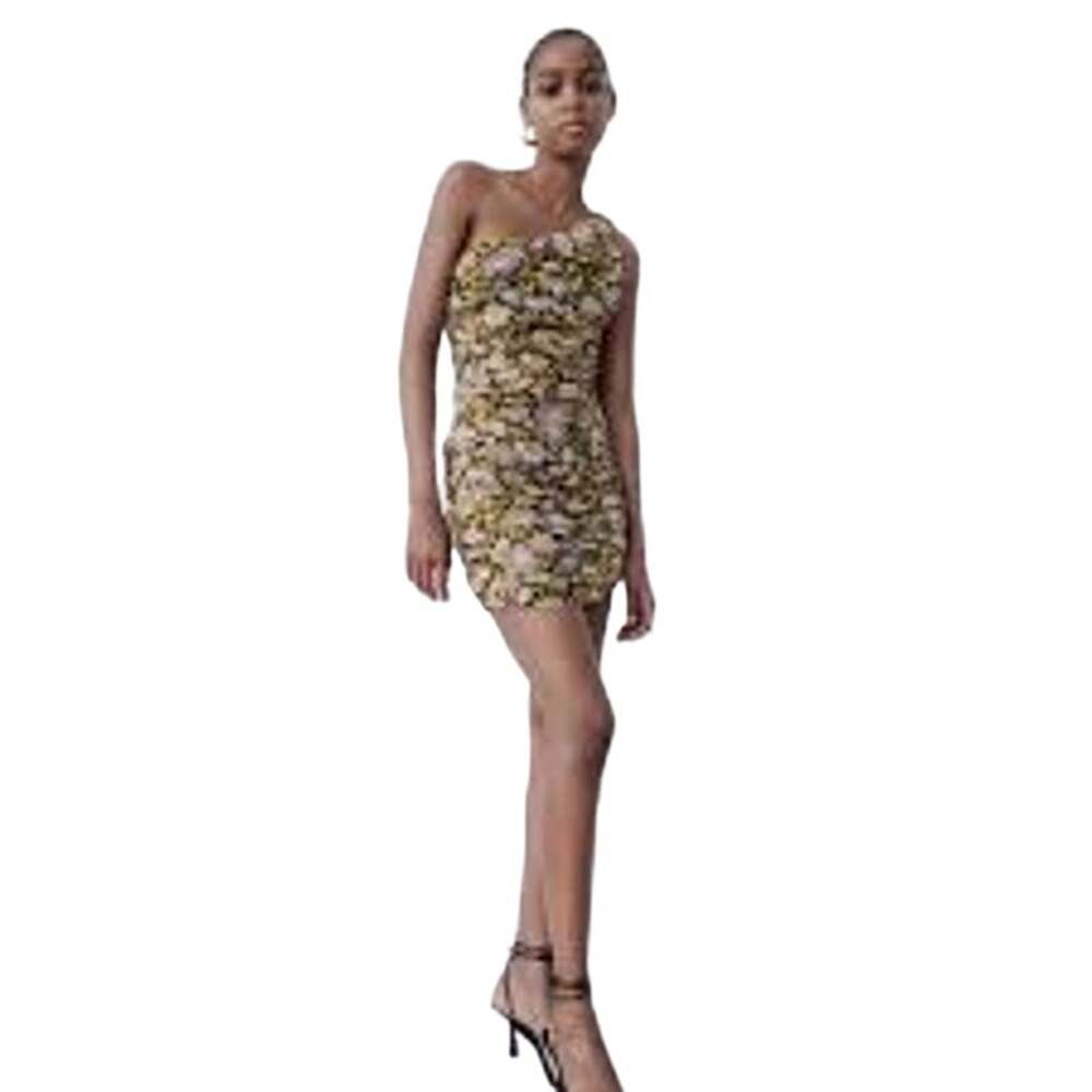 NEW NWT ZARA Black Gold Floral One Shoulder Mini Cocktail Dress Size L